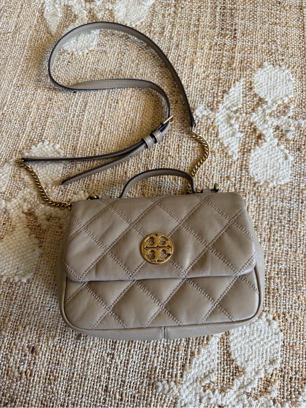 Tory Burch Quilted Leather Crossbody in Taupe